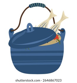 Hand drawn camping blue pot with handle , lid and fish in it vector illustrations, fish soup