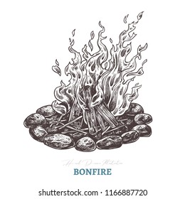 Hand drawn camping bonfire. Isolated vector illustration of fire in sketch engraving style