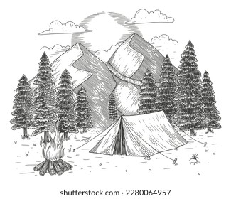 Fuego de camping dibujado a mano. con montaña y bosque. estilo de grabado vectorial vintage
