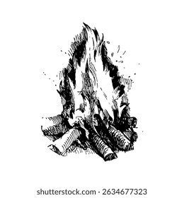 Hand drawn camping campfire in retro style. Outdoor and hiking design. Vintage sketch vector illustration