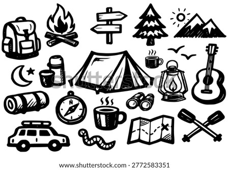 Hand Drawn Camping Doodle Collection – Outdoor Travel, Hiking and Camp Gear Icons.