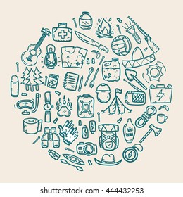 Hand drawn camping doodle icons arranged in circle
