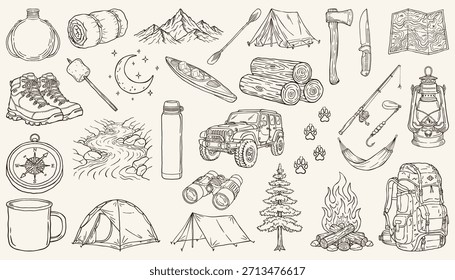 Hand drawn camping doodle set featuring outdoor adventure essentials in a fun and sketchy line art