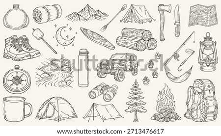 Hand drawn camping doodle set featuring outdoor adventure essentials in a fun and sketchy line art