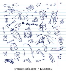 Hand drawn camping doodles in blue color on lined sheet of paper.