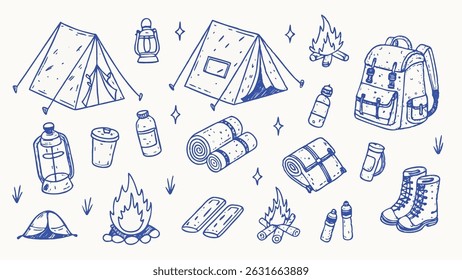 Hand drawn camping elements and outdoor adventure illustrations perfect for creating travel brochures camping guides or nature themed designs