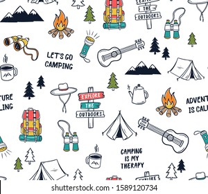 Hand drawn camping elements seamless pattern. Camping background. Camping doodle illustration. Vector illustration. Seamless pattern with cartoon camp bag, guitars, mugs, Camping tents , slogans.