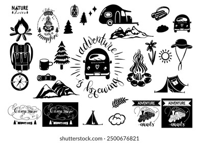 Hand drawn camping elements set. Perfect for prints, poster, trip, travel card. Doodle vector illustration.
