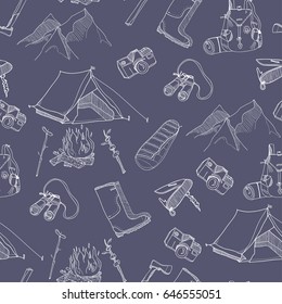 Hand drawn camping elements. Various adventure stuff. Graphic vector seamless pattern. Blue background