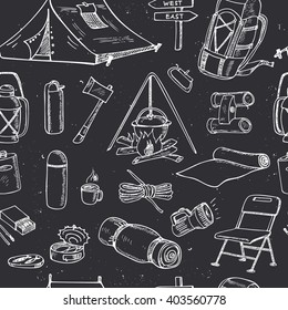Hand drawn camping equipment seamless pattern. Sketches. Hand-drawing. Vector illustration of for design and packages product. Vector Illustration.