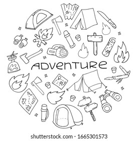 Hand drawn camping and hiking elements, isolated on white background. Lettering Adventure Cute background with lettering full of icons perfect for summer camp flyers and posters. vector illustration.