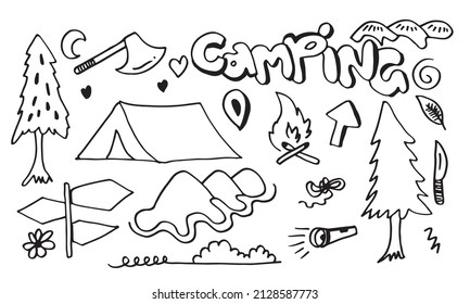 Hand drawn camping and hiking elements, isolated on white background.Camping Doodle Icons Sketch Hand Made.
