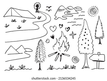 Hand drawn camping and hiking elements, isolated on white background.Camping Doodle Icons Sketch Hand Made.