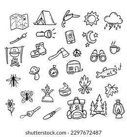 Hand drawn camping and hiking elements, isolated on white background. Cute background full of icons perfect for summer camp flyers and posters. Outlined vector illustration.