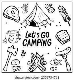 Hand drawn camping and hiking elements in doodle style isolated on white background. Outline vector illustration. Icon set. Design for prints, poster, trip, travel card