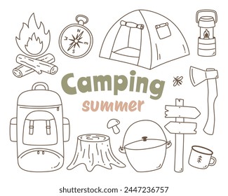 Hand drawn camping and hiking elements, isolated on white background, vector.