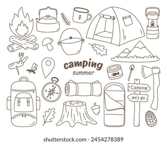 Hand drawn camping and hiking elements, isolated on white background, vector.