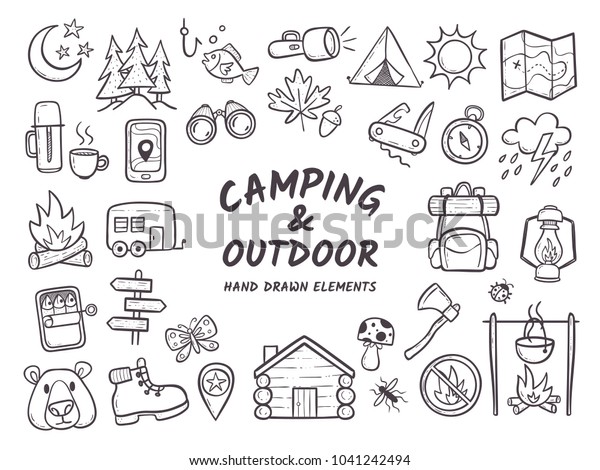 Hand drawn camping\
and hiking elements, isolated on white background. Cute background\
full of icons perfect for summer camp flyers and posters. Outlined\
vector illustration.