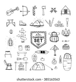 Hand drawn camping, hiking or mountain climbing icons set. Travel and adventure collection. Vector illustration. Objects isolated on white.
