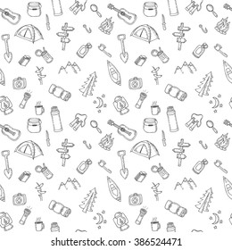 Hand drawn camping and hiking seamless pattern. Picnic, hiking, travel and camping. Doodle camping elements. Vector illustration