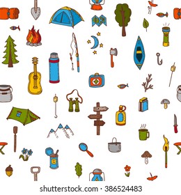 Hand drawn camping and hiking seamless pattern. Picnic, hiking, travel and camping. Doodle camping elements on white background. Vector illustration