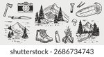 Hand drawn camping and hiking set. Vector sketch illustration in vintage crayon charcoal style. Boots, axe, knife, campfire, sleeping bag, water bottle, flashlight, camera, and landscapes