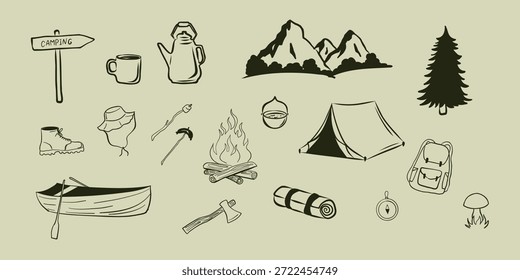 Handgezeichnetes Camping- und Wanderset mit Outdoor-Elementen wie Zelt, Berge, Rucksack, Thermoskanne, Tasse, Kanu, Axt, Kompass, Pinienbaum und Camping-Tools. Vektorgrafik.