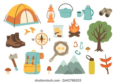 Hand drawn camping and hiking vector set with tent, backpack, campfire, guitar, fishing rod, tools, and mountain. Perfect for travel, outdoor adventure and summer design projects