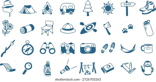 Conjunto de iconos de camping dibujados a mano con Elementos de aventura y supervivencia al aire libre