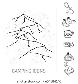 Hand drawn camping icons set. Camping icons to use for web and mobile UI