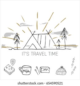 Hand drawn camping icons set. Camping icons to use for web and mobile UI