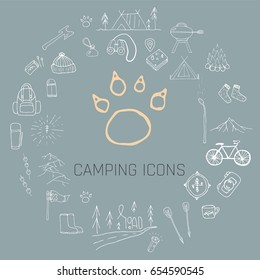 Hand drawn camping icons set. Camping icons to use for web and mobile UI