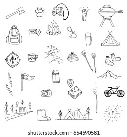 Hand drawn camping icons set. Camping winter icons to use for web and mobile UI