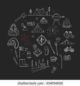 Hand drawn camping icons set. Camping icons to use for web and mobile UI
