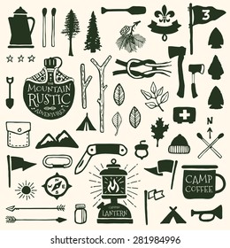 Hand drawn camping icons and sketched scout graphics