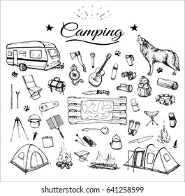hand drawn camping isolated attribute set with contours of tent, trailers, ax, map, bonfire etc