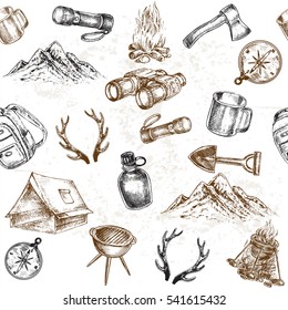 hand drawn camping items seamless pattern