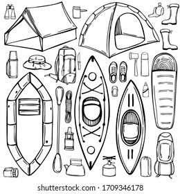 Hand drawn camping items set. Camping tents and boats. Vector sketch  illustration.