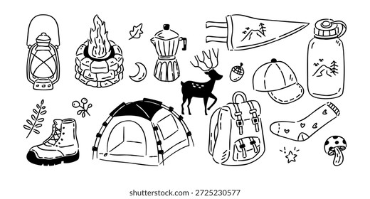 Ícones desenhados à mão da arte da linha do acampamento definidos com tenda, lanterna, fogueira, mochila, veado e elementos da natureza ao ar livre.