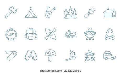 Hand drawn camping line icon collections. Set of camping doodle icon.