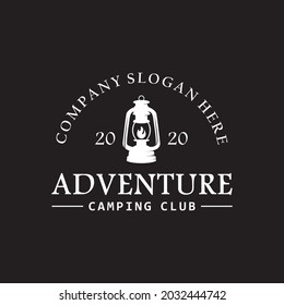 hand drawn camping logo with lantern Vintage emblem forest. Retro style camping camper explore. Outdoor adventure badge design. Travel and hipster mountain outdoor. Wilderness theme