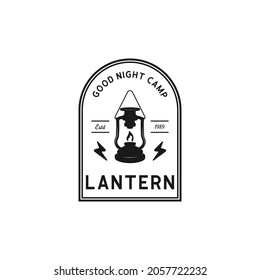 hand drawn camping logo with lantern Vintage emblem forest. Retro style camping camper explore. Outdoor adventure badge design. Travel and hipster mountain outdoor. Wilderness theme. Stock vector