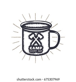 Hand drawn camping mug shape, sunbursts label with motivational quote - Camp every day. Outdoor activity badge. Wilderness print. Stock Vector vintage illustration