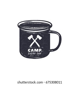 Hand drawn camping mug shape label with motivational quote - Camp every day. Outdoor activity badge. Wilderness print. Stock Vector vintage illustration
