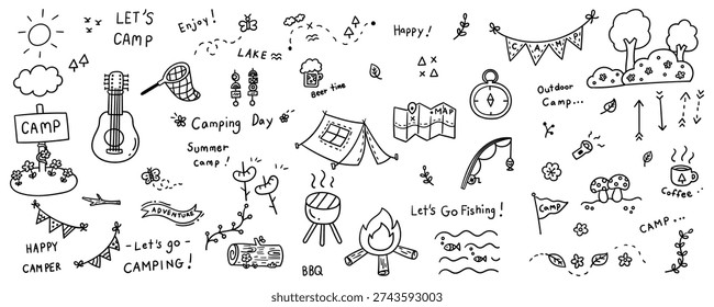 Hand drawn camping and outdoor activity icons set with tent campfire fishing gear bbq grill guitar and nature elements for summer adventure and forest vacation vector design.
