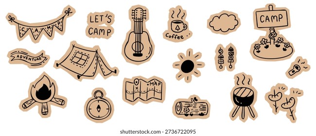Hand drawn camping and outdoor adventure sticker set featuring tent, campfire, guitar, map, compass, and forest travel elements for scrapbook and journal. Vector illustration design.