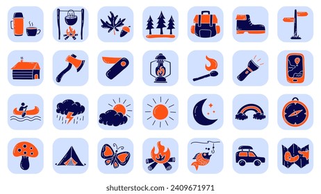 Hand drawn camping and outdoor doodle icon collection. Camping and outdoor doodle elements vector illustration.