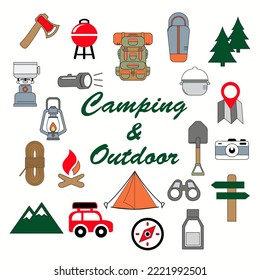 Hand drawn camping and outdoor illustration, isolated on a white background. Cute backgrounds full of icons perfect for summer camp flyers and posters. Vector for icon logo.