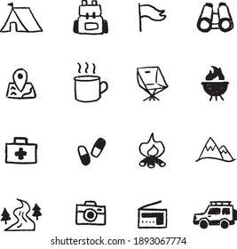 
Hand drawn camping, outdoor, leisure and travel silhouette element set on white background