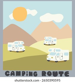  Hand drawn camping route bus on mountain area,vector graphic design for apparel, stickers, posters, background and others, cute bus placement.